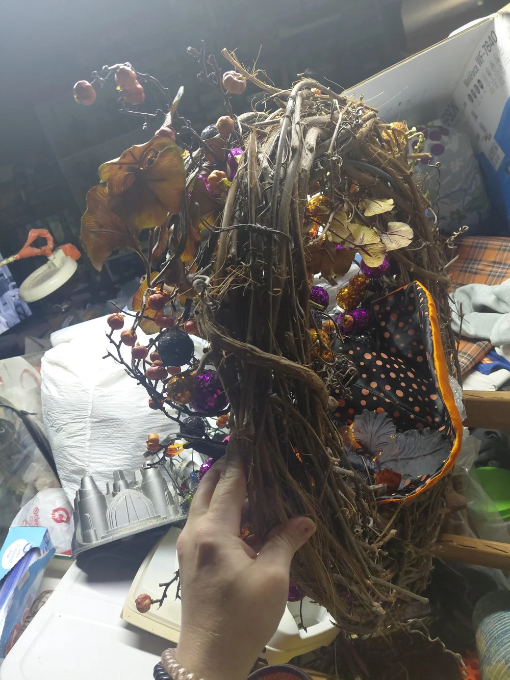 handcrafted witch hat Halloween wreath adorned with Casting A Spell Skull